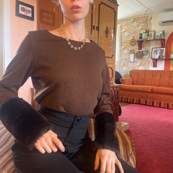 Y2K wool blend fur sleeve brown boatneck cropped sweater! - Picture 3 of 14